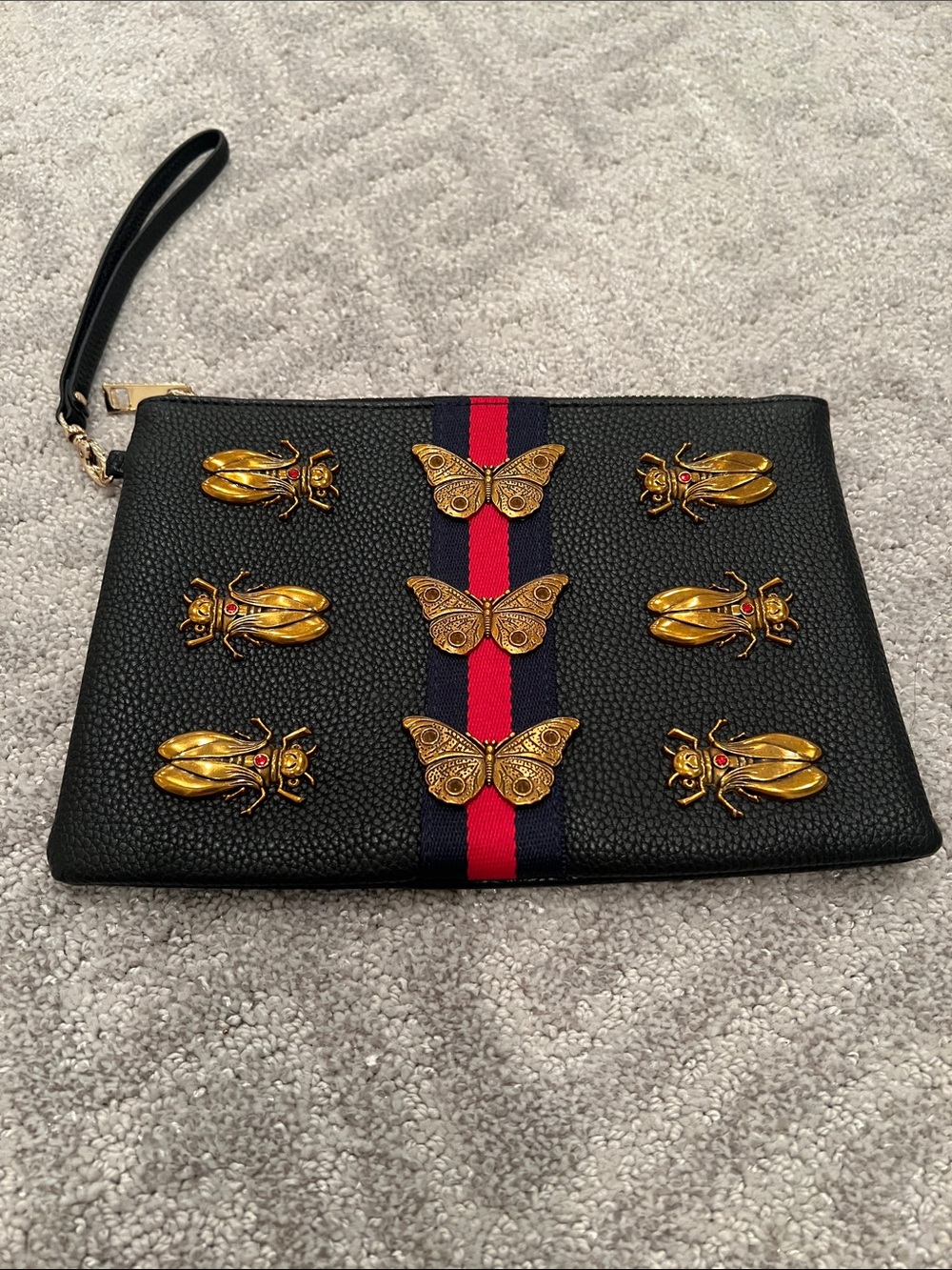 Faux leather Black Wristlet Clutch with Gold Butterfly & Beetle Accents